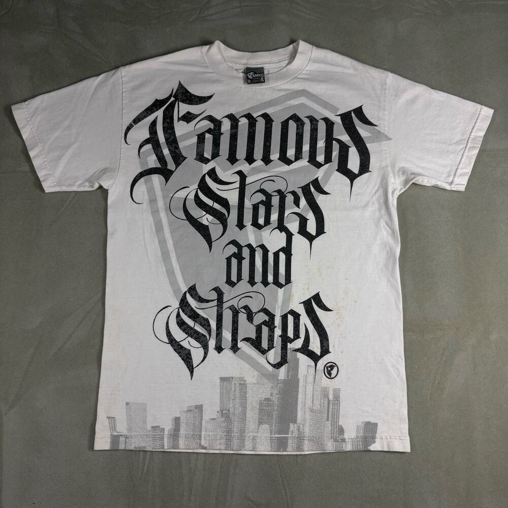 Vintage Famous Stars and Straps Y2K Skyline Graphic T-Shirt White Sz M